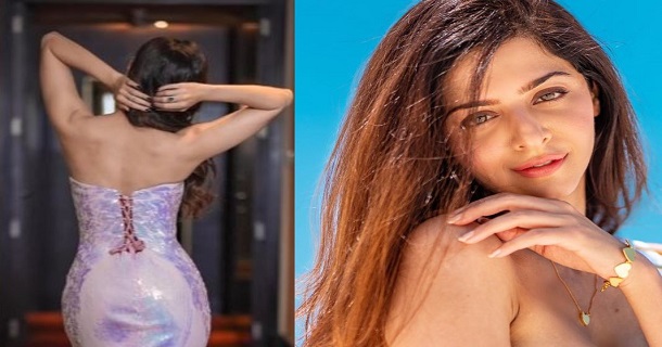 actress vedhika hot photos in netted full dress without sleeve