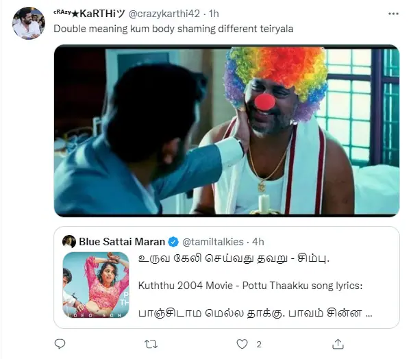 blue sattai maran tweets about simbu targeting him for his body shaming speech