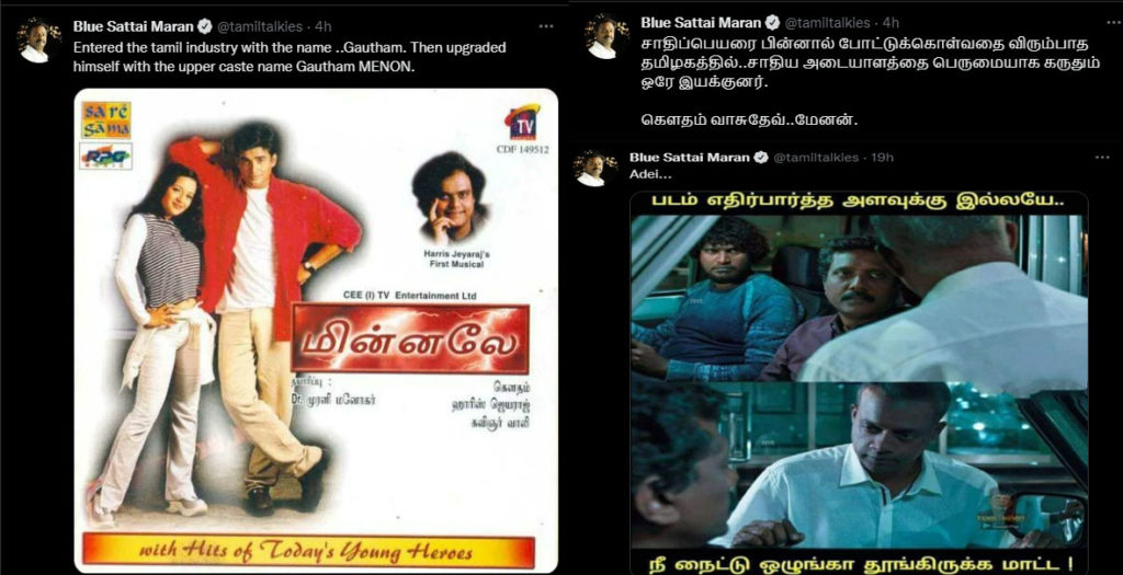 blue sattai maaran tweets against gautham menon on his name