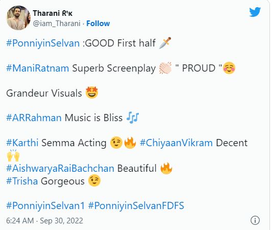 ponniyin selvan part 1 release getting positive reviews and twitter trending