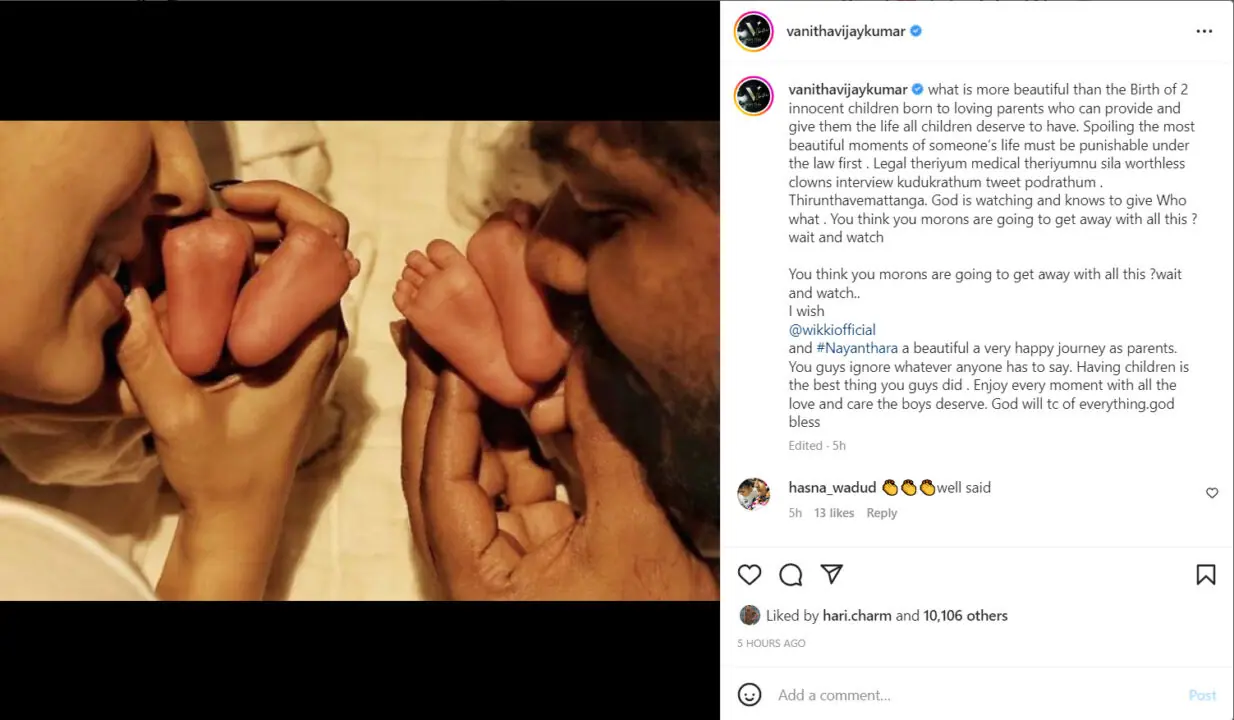 vanitha tweets and wishes for vignesh shivan and nayanthara surrogacy babies