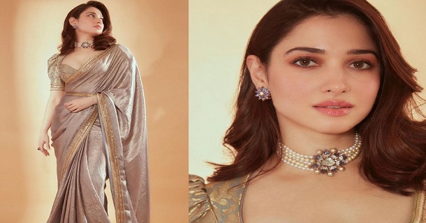 tamanna hot photos in golden saree look viral