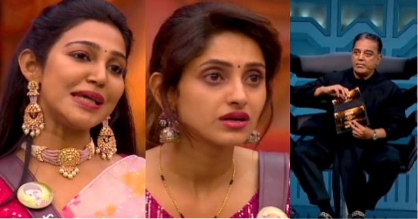 kamalhaasan showing eviction card in malayalam for sherina speaking malayalam