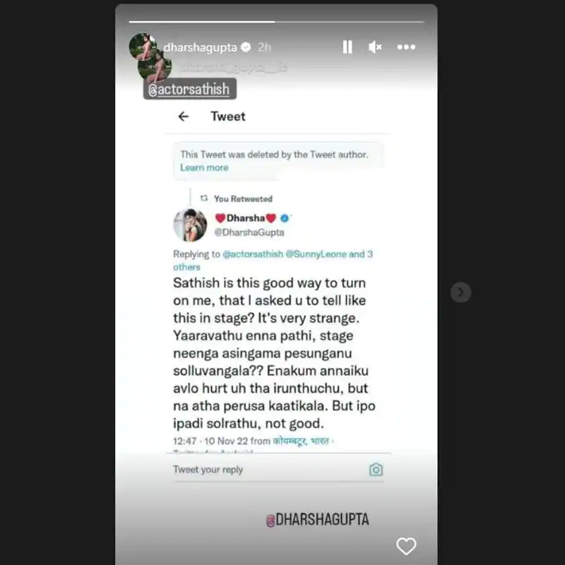 dharsha gupta tweets about actor sathish explanation in audio launch speech