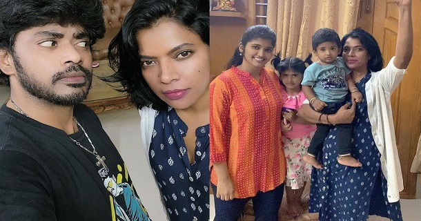 sandy master ex wife kajal pasupathy visits sandy master and clicks photo with his children and wife