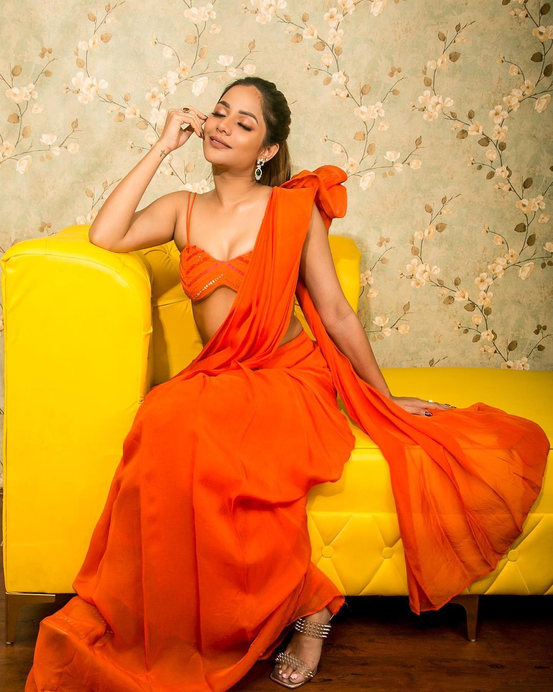 aiswarya dutta hot photos in orange colour dress getting viral