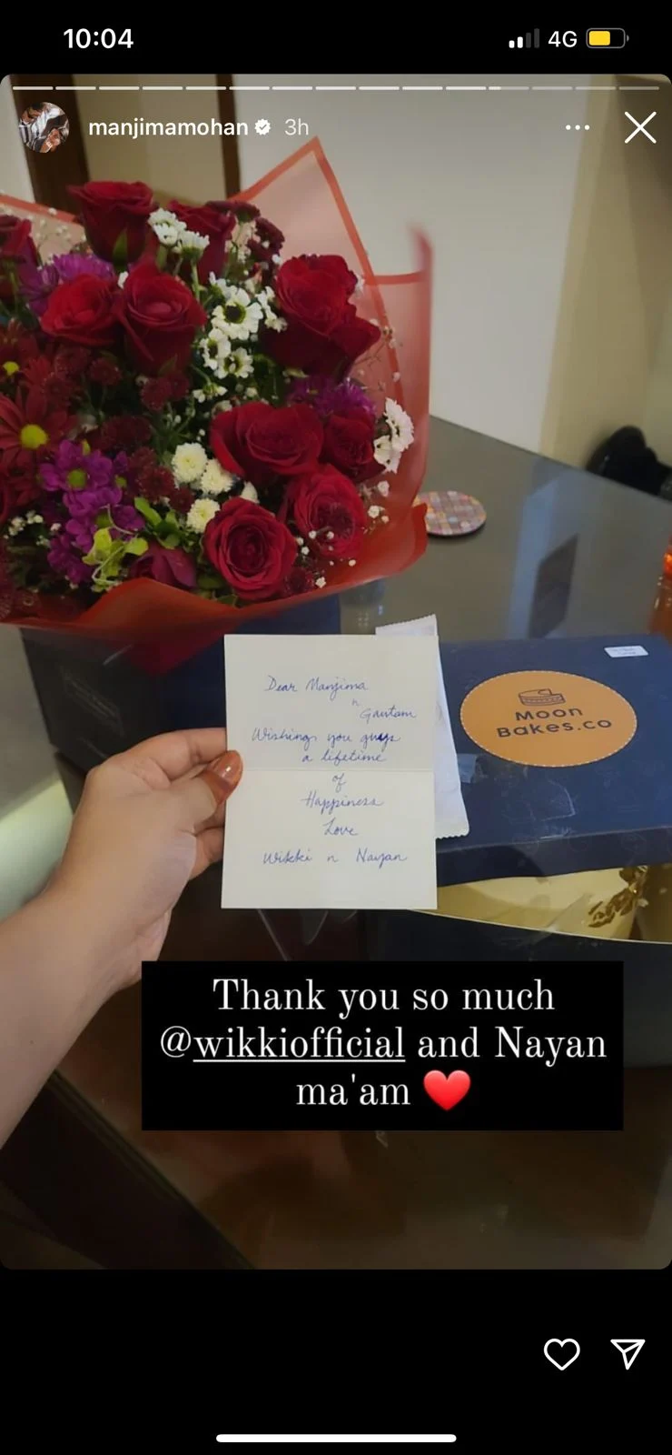 vignesh shivan and nayanthara wishes gautham karthik and manji mohan on their wedding with flowers and cake