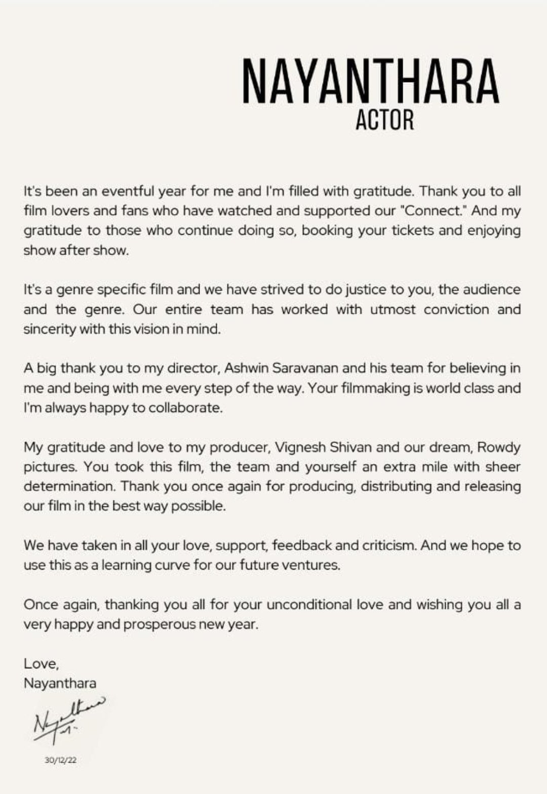 nayanthara thanking heartfelt note on connect success and thanking vignesh shivan