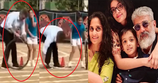 ajith kumar playing with tyre for daughter sports day