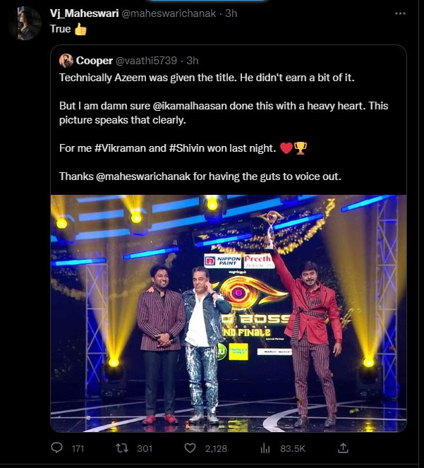 does kamal haasan doesnt like azeem winning biggboss title tweet and photos getting viral on social media