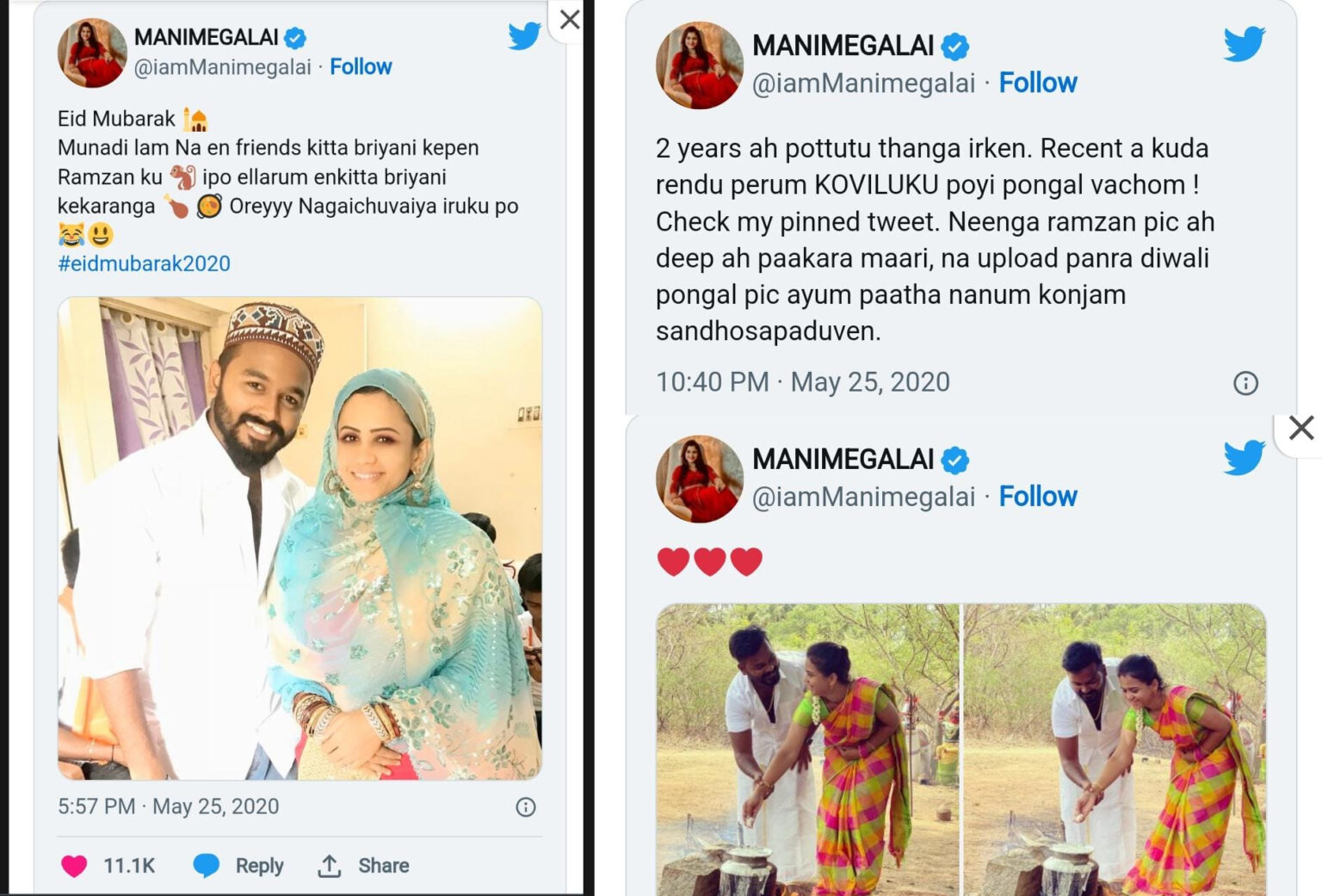 vj manimegalai posts answer for netizen post about her religion follow